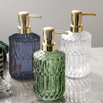 Botella dispensadora de vidrio, bomba para jabón líquido con textura 3D, base independiente, decoración para baño, ideal para shampoo, acondicionador, productos de baño y suministros para el hogar y cocina, 1 unidad
