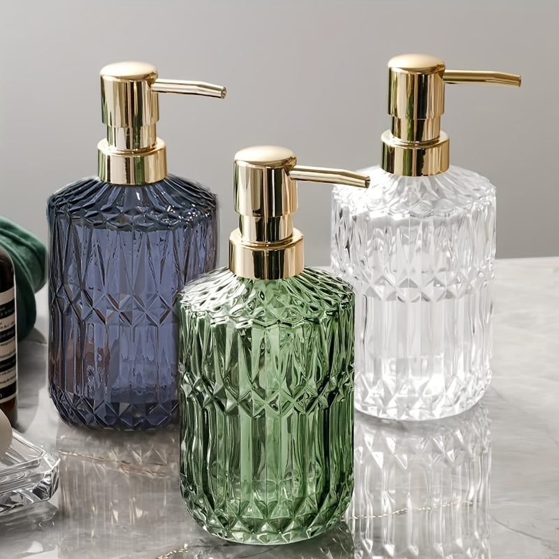 Botella dispensadora de vidrio, bomba para jabón líquido con textura 3D, base independiente, decoración para baño, ideal para shampoo, acondicionador, productos de baño y suministros para el hogar y cocina, 1 unidad