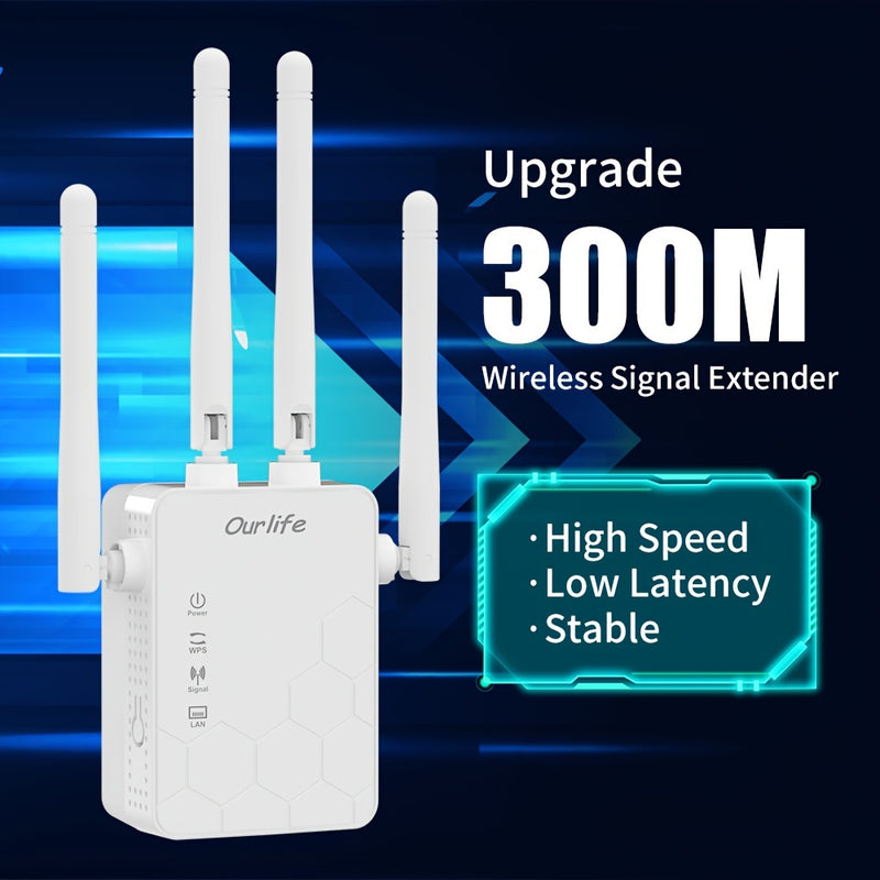 Nuestro Vida 300M Repetidor Wi-Fi, Amplificador de señal de 4 antenas, Amplificador de red doméstica, Amplificador de señal que penetra paredes, Amplificador de rango inalámbrico de 2,4G, Adaptador de alimentación de 110V/220V, Sin batería incluida