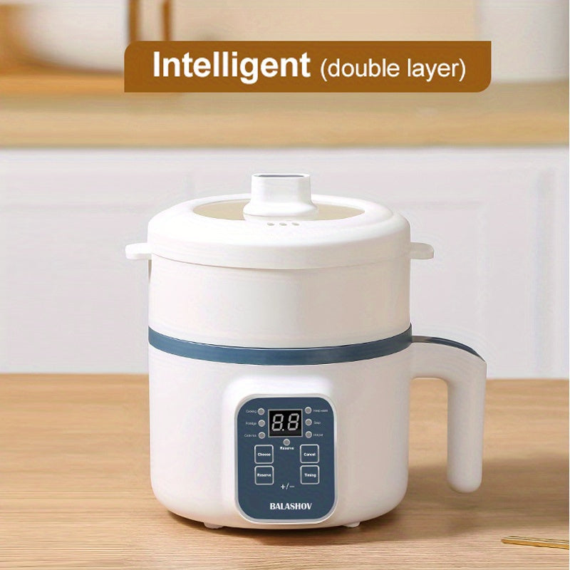BALASHOV Cocina Eléctrica Inteligente de 1.7L para Olla Caliente y Ramen - Antiadherente, 6 Modos con Protección contra Sobrecalentamiento y Secado, Vaporera de Doble Capa para Arroz, Sopa, Pasta y Más - Perfecta para 2-3 Personas, Diseño Blanco y Negro