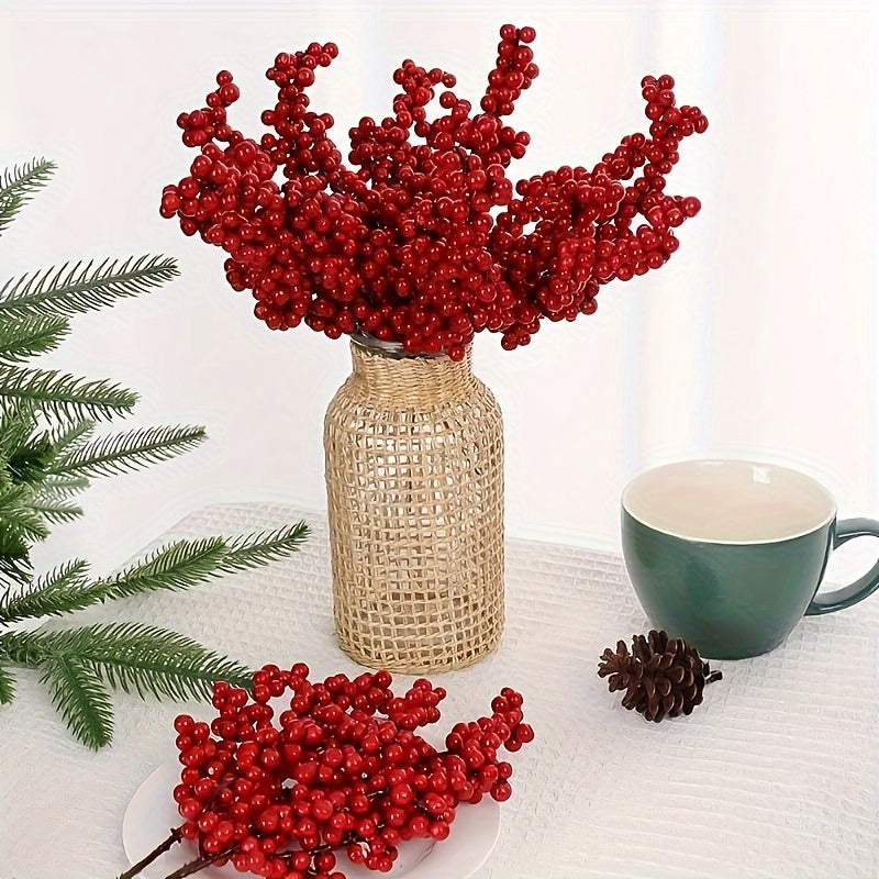 10 tallos de bayas artificiales rojas vibrantes - Ideal para decoración de árbol de Navidad y fiestas, no requiere energía