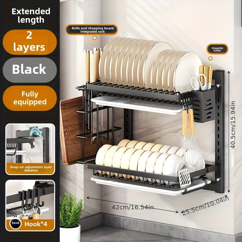 1 pieza, soporte de almacenamiento de cocina de pared de metal de alta resistencia sin perforación con jaula para palillos, soporte de tablero de cuchillos y ganchos - Ideal para almacenar cubiertos, condimentos, tazas y más, organizadores y almacenamien