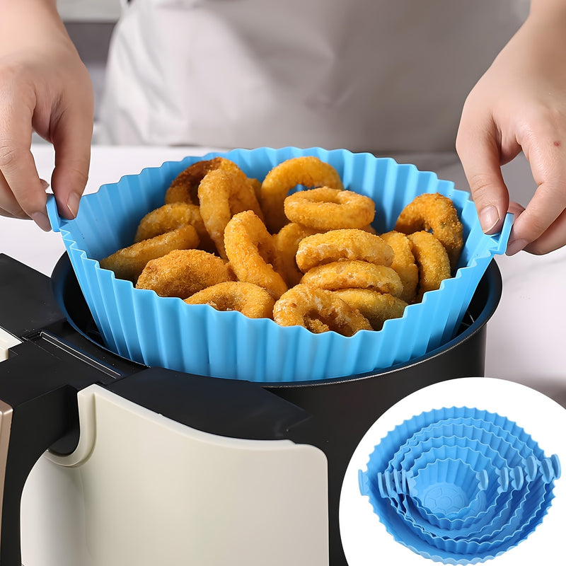 6 piezas de Forros para Freidora de Aire de Silicona - Moldes Antiadherentes Azules con Borde Festoneado y Diseño Perforado para Distribución Uniforme del Calor, Desmoldeo Fácil, Cocina Sin Aceite Saludable - Seguro para Alimentos, Reutilizables, Compati