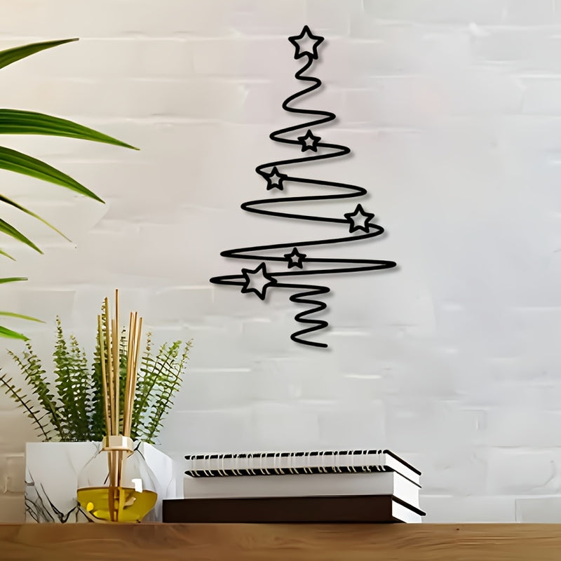 Arte de pared de árbol de Navidad de metal - Decoración navideña no eléctrica para interiores y exteriores, elegante árbol de metal negro con adornos de estrellas, perfecto para sala de estar, patio o jardín, decoración de pared de Navidad.