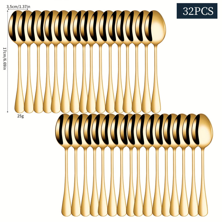 Juego de 32 cucharas elegantes de acero inoxidable dorado, 6,7" - Adecuado para lavavajillas, acabado espejo, cubertería plana para el hogar, cocina, restaurante - Ideal para postres y sopas