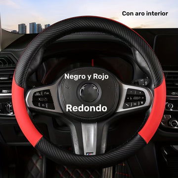 Funda de Volante de Fibra de Carbono Negro y Rojo con Anillo Interior - Cuero PU Antideslizante para Todas las Estaciones, Diseño Deportivo Elegante para Mayor Agarre y Comodidad
