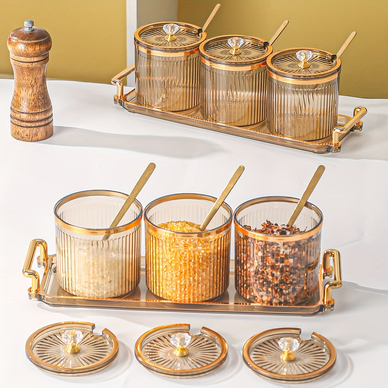 Conjunto de Condimentos Creativo para el Hogar y Cocina, Alta Belleza - 1 Bandeja con 3 Tarros y Cuchara