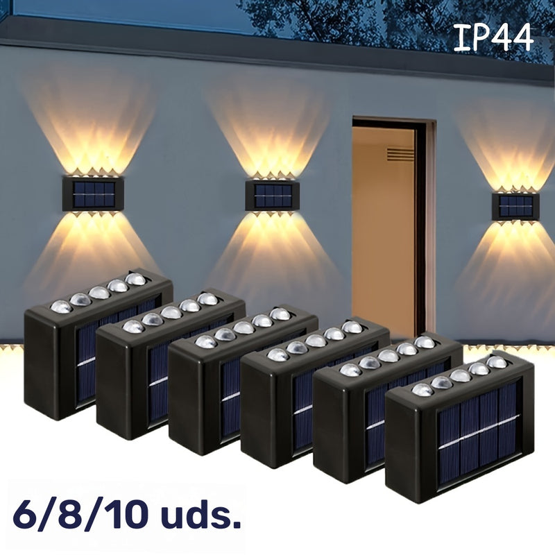 6/8/10pcs Luces de pared de LED alimentadas por energía solar, decoración de pared exterior IP44 con brillo cálido amarillo, ideal para hogar, jardín, valla, patio - Montaje semi empotrado, carcasa de plástico, batería de níquel cargada por energía solar