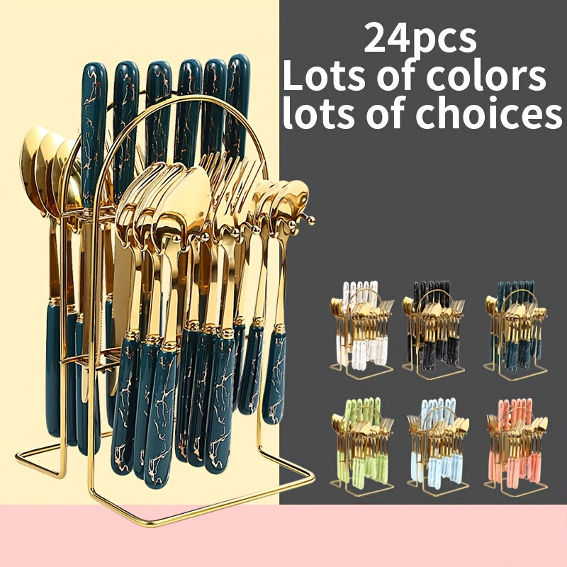 Juego de Cubiertos de Acero Inoxidable de 24 Piezas con Mangos de Cerámica, Cubiertos Elegantes para Comidas y Postres, Incluye Cuchillos, Tenedores, Cucharas, Cucharitas - Ideal para Uso en Casa, Restaurante, Hotel, Utensilios de Cocina
