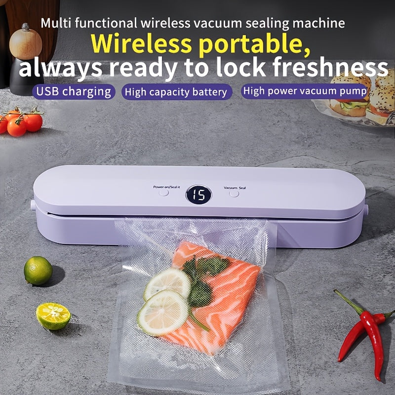 Máquina de sellado al vacío inalámbrica portátil, recargable por USB con batería de alta capacidad de 1500mAh, bomba de alta potencia para cerrar la frescura, ideal para alimentos, snacks, carne, frutas, verduras, diseño de ahorro de espacio, tensión de