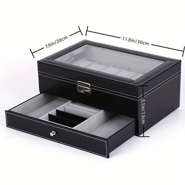 1 Pieza, Caja De Almacenamiento De Reloj Con Cerradura De Cuero PU De 12 Ranuras, Caja De Exhibición De Joyería Para Hombres Y Mujeres Con Cajón, Caja De Exhibición De Gafas De Reloj De 2 Capas Con Cubierta De Vidrio