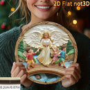 Arte de Pared Redondo de Madera con Ángel Guardián 2D Plano - Escena de Ángel y Arroyo, Perfecto para el Hogar, Oficina o Regalos del Día de San Patricio, Día de San Valentín, Decoración de Ángeles, 2D Plano