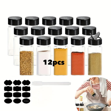 Juego de 12 frascos de especias de plástico cuadrados con tapas de ala de gaviota negras, incluye 1 bolígrafo de papel y 12 etiquetas, contenedores rectangulares a prueba de fugas, reutilizables, lavables a mano para la organización de especias de cocina