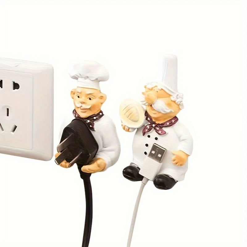 2 piezas de soporte de cable de alimentación de chef de dibujos animados - Organizador de plástico de montaje fácil en la pared para enchufes y cables de cocina, diseño encantador con personajes de chefs divertidos, gancho de utilidad, ganchos de utilidad