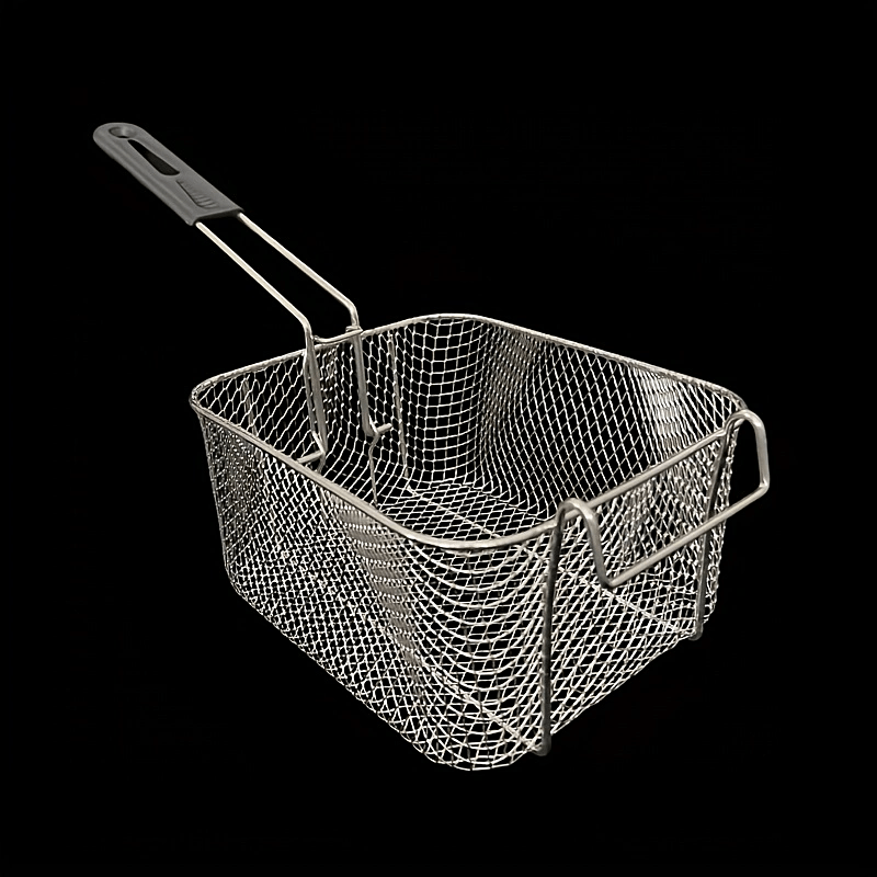 Cesta de freír de acero inoxidable con mango plegable, malla resistente al calor, adecuada para papas fritas, alas de pollo y snacks, fácil de limpiar, ideal para uso doméstico y comercial en la cocina.