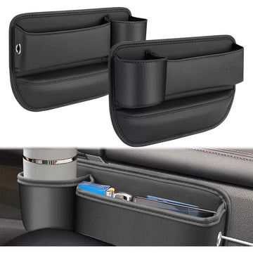 Caja de almacenamiento ajustable para rellenar el hueco entre los asientos del coche con tapa para tazas - Organizador multifuncional para teléfono, llaves, gafas y tarjetas, negro, solución de almacenamiento para coche | Accesorio de coche elegante | Al