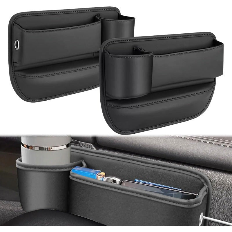 Caja de almacenamiento ajustable para rellenar el hueco entre los asientos del coche con tapa para tazas - Organizador multifuncional para teléfono, llaves, gafas y tarjetas, negro, solución de almacenamiento para coche | Accesorio de coche elegante | Al