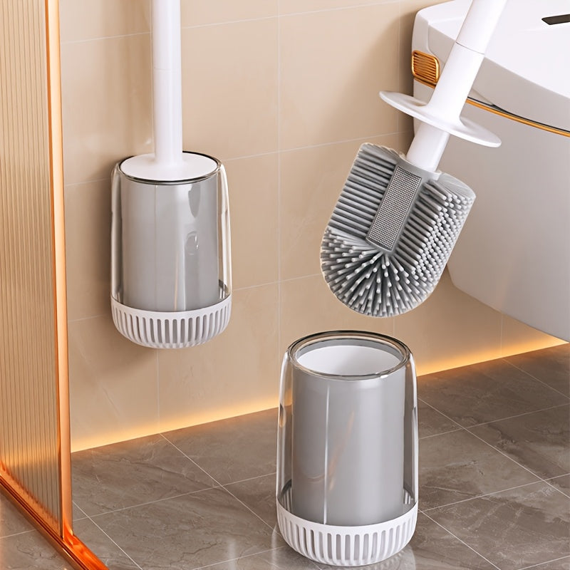 1 Juego de Cepillo para Inodoro con Mango Largo Montado en Pared, Diseño Sin Taladro, Cerdas Flexibles de Silicona para Limpieza Profunda, Accesorios de Baño, Herramienta de Limpieza