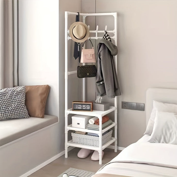 Estantería Metálica Omnipotente con 3 Estantes y 4 Ganchos, Colgador Vertical Multifuncional para Ropa y Sombreros, Acero Recubierto Antioxidante, Dispensador de Productos de Cuidado Personal