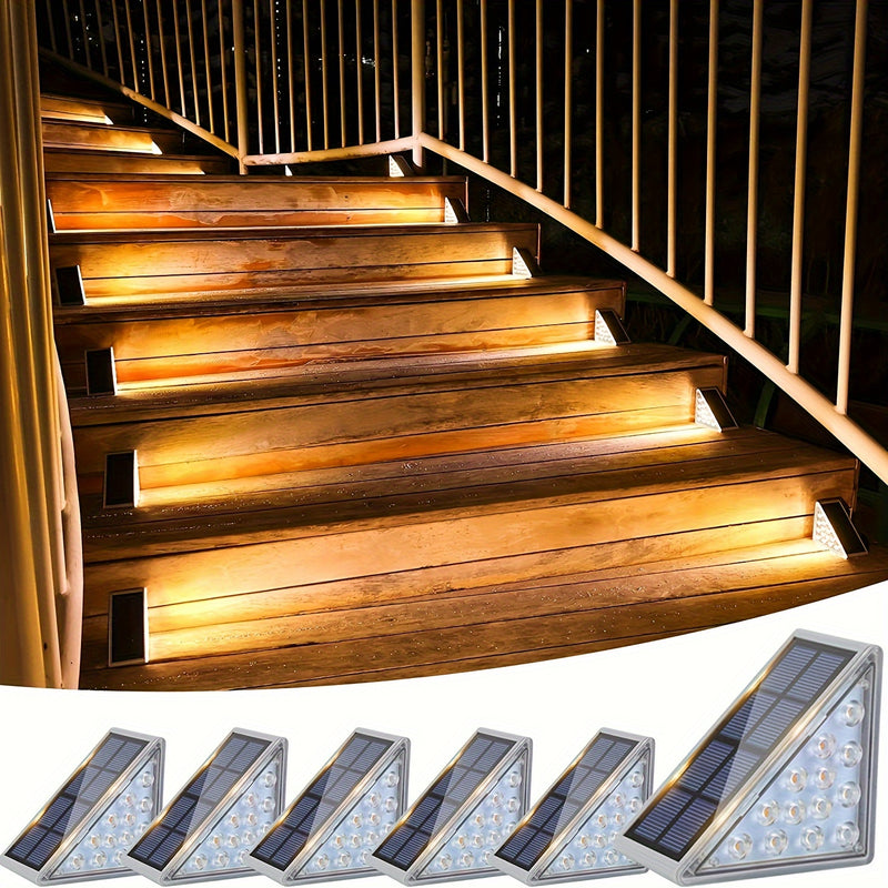 Luces de escalera triangular LED solares de 6 unidades, iluminación de escalera de madera exterior ABS, sconces de jardín cálidos/blancos, acabado pulido duradero, montaje flush, control de interruptor, no desmontable, impermeable, alimentado por energía