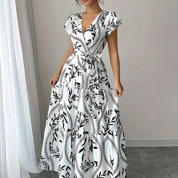 Elegante vestido de verano con estampado floral y cuello en V, con cinturón, de poliéster ligero, mangas cortas, falda de línea A y estilo suelto para mujeres, ideal para vacaciones o salidas informales, ropa para salidas informales | Vestido con estampa