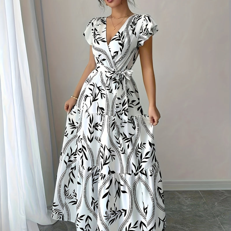 Elegante vestido de verano con estampado floral y cuello en V, con cinturón, de poliéster ligero, mangas cortas, falda de línea A y estilo suelto para mujeres, ideal para vacaciones o salidas informales, ropa para salidas informales | Vestido con estampa