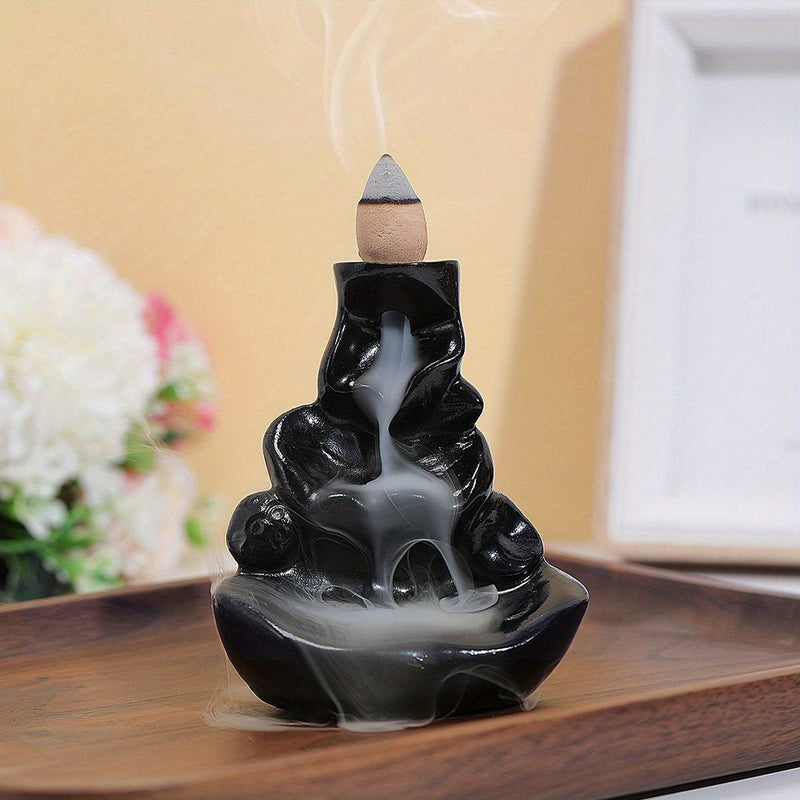 Quemador de Incienso de Resina Negra Elegante con Cascada de Agua y Palitos de Madera - Estilo Clásico, Ideal para Decoración de Halloween en el Hogar e Instalación en el Suelo, Porta Incienso