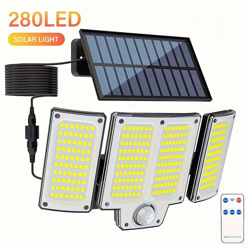 Luces Solares Exteriores de 280 LED con Sensor de Movimiento, Luces Solares IP44 con Control Remoto, 3 Modos, Reflectora Solar de 3 Cabezas para Patio, Garaje, Porche, Jardín