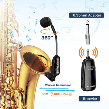 Micrófono Inalámbrico para Instrumentos, Sistema de Micrófono Inalámbrico UHF para Saxofón, Trompetas, Clarinete, Violonchelo - Receptor y Transmisor
