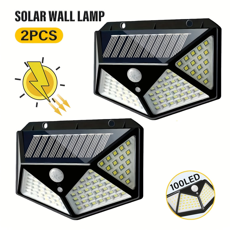 2 piezas de luz solar para pared con sensor de movimiento, 100 LED, portátil para camping, control táctil, iluminación exterior, fácil instalación, sin cables, recargable solar de alta calidad, luces solares para exteriores