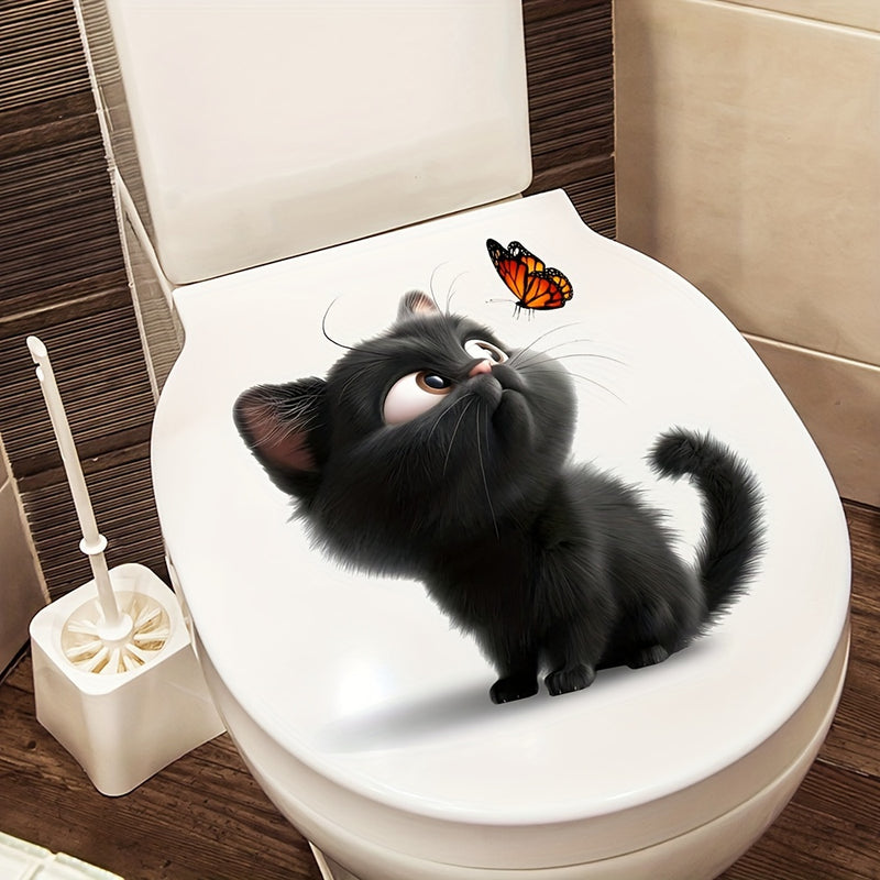 1pc Pegatina con diseño de gato lindo y mariposa, calcomanía de pared autoadhesiva, calcomanía para tapa de inodoro, plástico, decoración de baño, decoración estética del hogar, decoración de la habitación, embellece tu hogar