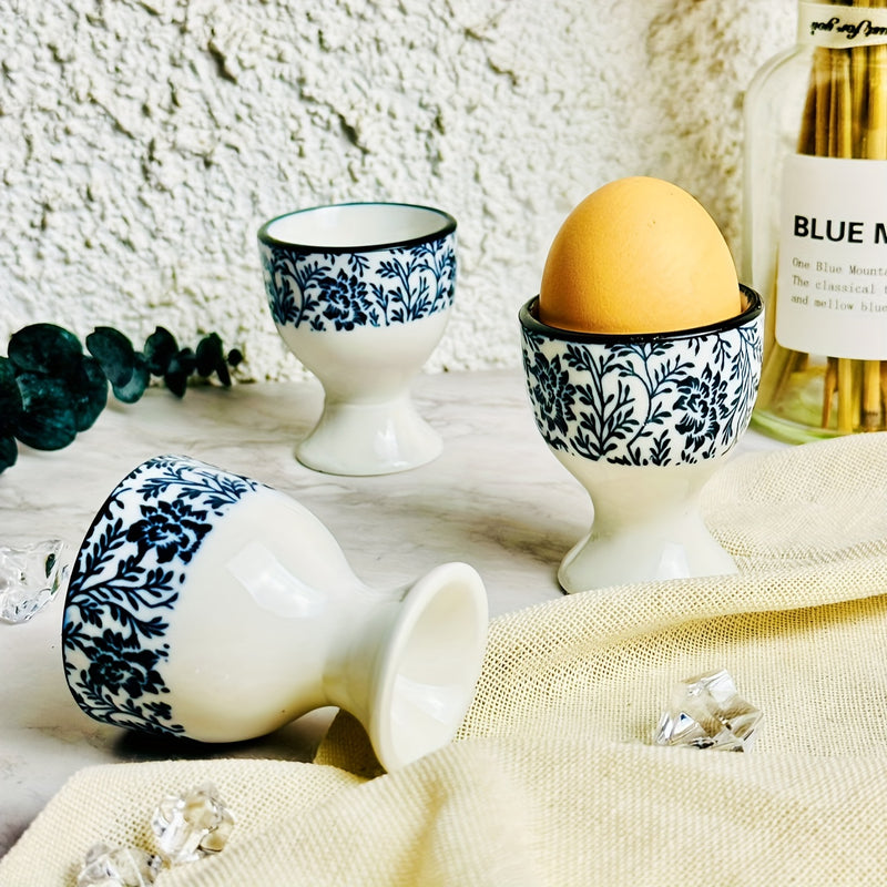 1 Juego/2 Piezas, Taza Para Huevos, Bandeja Para Huevos, Estilo Azul Y Blanco, Color Subrayado, Taza Para Huevos Con Imagen, Para Dieta Diaria, Para Contener Huevos Comestibles, Ideal Para Desayuno, Cena, Etc., Se Puede Usar Para Comidas Familiares, Rega