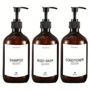 3pcs Botellas dispensadoras recargables de champú, acondicionador y gel de baño con bomba, contenedor dispensador de loción para baño con etiquetas impermeables de 500 ml / 16.9 oz, decoración del hogar, muebles para el hogar
