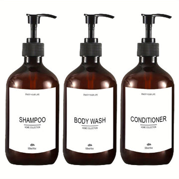3pcs Botellas dispensadoras recargables de champú, acondicionador y gel de baño con bomba, contenedor dispensador de loción para baño con etiquetas impermeables de 500 ml / 16.9 oz, decoración del hogar, muebles para el hogar