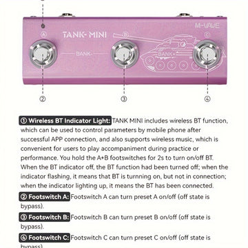 Pedal de efectos multi-función para guitarra/bajo M-VAVE TANK MINI - 21 presets, batería de 7 horas, control BT/Inalámbrico, interfaz de audio USB, más de 60 efectos (puerta de ruido, IR CAB, retraso, reverberación) para la recreación musical/actuación e