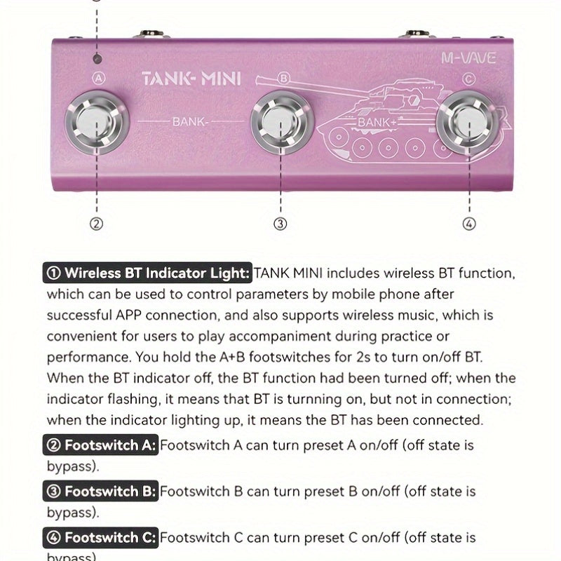 Pedal de efectos multi-función para guitarra/bajo M-VAVE TANK MINI - 21 presets, batería de 7 horas, control BT/Inalámbrico, interfaz de audio USB, más de 60 efectos (puerta de ruido, IR CAB, retraso, reverberación) para la recreación musical/actuación e