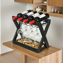 Soporte de vino de hierro con grano de madera negra y soporte de vidrio - Elegante exhibidor de botellas de vino y copas para almacenamiento de vino tinto, organizador de encimera, regalo para amantes del vino, decoración de vino