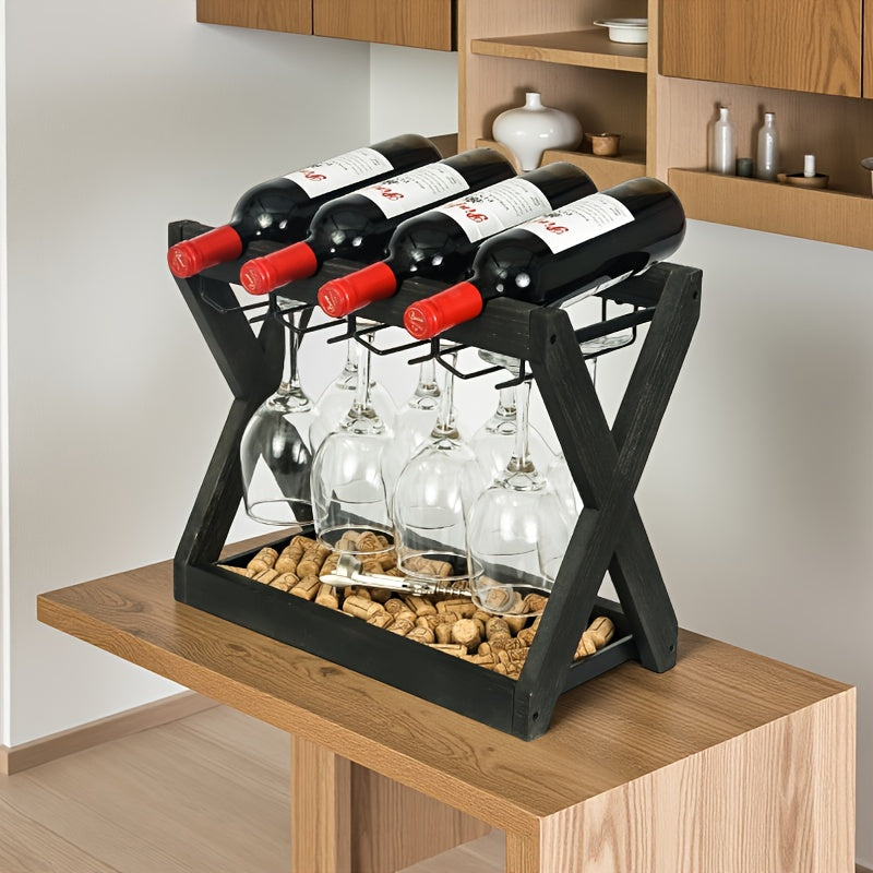 Soporte de vino de hierro con grano de madera negra y soporte de vidrio - Elegante exhibidor de botellas de vino y copas para almacenamiento de vino tinto, organizador de encimera, regalo para amantes del vino, decoración de vino