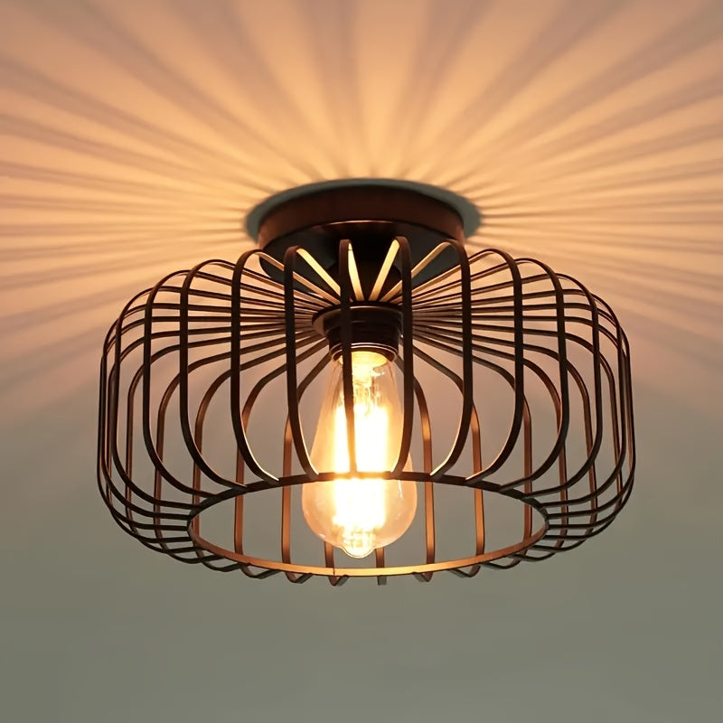 1 pieza de luz de techo semi-retratada negra para granja, instalación de techo de luz de pasillo de jaula de metal, luz de techo industrial ajustada para cocina, comedor, porche, dormitorio (excluyendo bombilla)