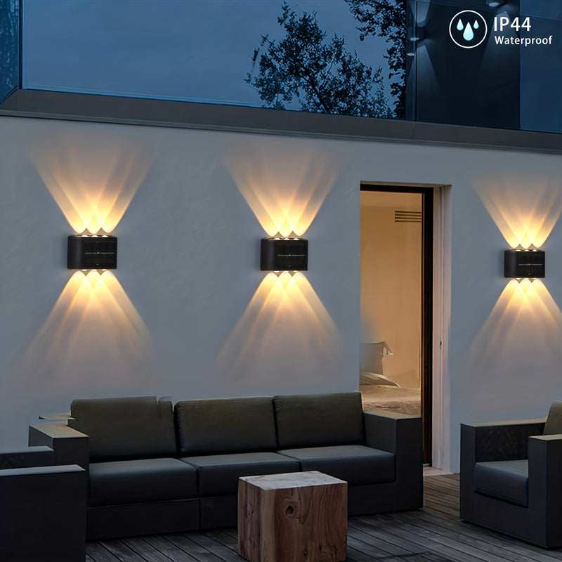 2 luces solares para pared con lente cóncava, luces exteriores para patio con luz cálida/blanca, adecuadas para uso doméstico, villa, jardín, valla, luces para pared, luces exteriores para paisaje