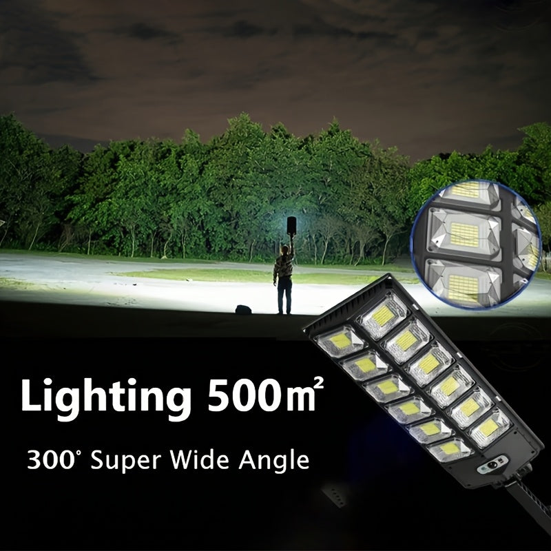 1 lámpara de calle solar, 504×6500K LEDs con lente. Luz automática de puesta de sol a amanecer alimentada por energía solar para estacionamientos; sensor de movimiento de ángulo amplio y farola controlada a distancia. Ideal para iluminación comercial/cor