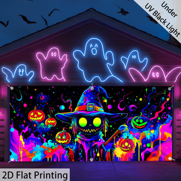 Una figura de calabaza vibrante de tamaño grande que brilla bajo luz UV, perfecta para Halloween. Esta decoración de puerta de garaje de poliéster sirve varios propósitos festivos y es adecuada para decorar el hogar y el jardín. Es fácil de colgar (la im