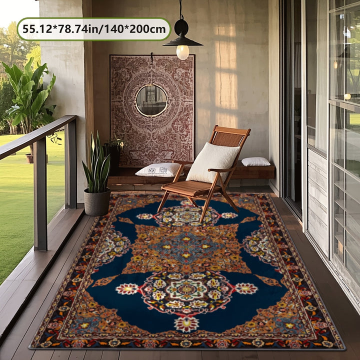 Alfombra Decorativa de Terciopelo Diamante Dorado + Base Antideslizante Plástica, Estampado 2D con Patrón Tradicional Exquisito, Estilo Clásico para Picnics, RVs, Balcones, Terrazas y Camping, Uso en Interiores y Exteriores, Varios Tamaños Disponibles