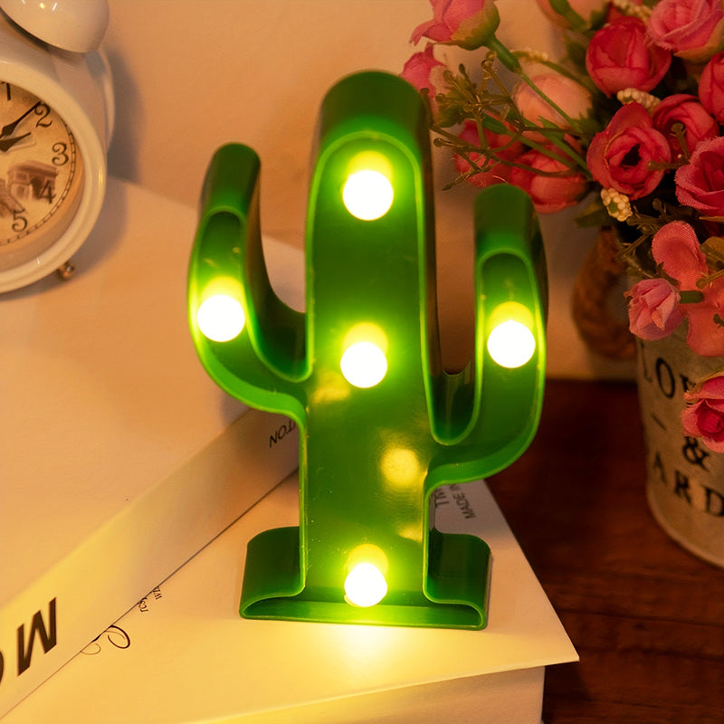 [1pc Mini Cactus LED Luz Nocturna] 1pc Mini Cactus LED Luz Nocturna de Estilo Tropical, Lámpara Decorativa de Mesa de Plástico con Acabado Antiguo, Ahorro de Energía, Funciona con Pilas (Pilas no Incluidas), para Sala de Estar, Regalo de Fiesta