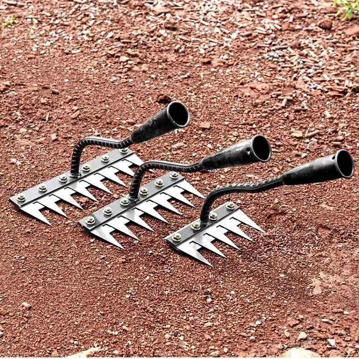 Rastrillo de jardín de acero al carbono de alta resistencia - Aerador manual de suelo y césped, diseño de horquilla de 360°, estructura metálica duradera, ideal para jardinería y ventilación de suelo, herramienta de jardín | Construcción sólida | Rastril