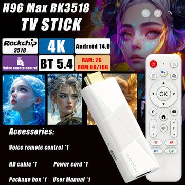 Huawei H96 Max RK3518 Smart TV Stick - Android 14.0, Conexión Inalámbrica, Reproductor Multimedia Ultra HD con Soporte para 4K@60fps, WiFi6 y BT5.4, Control por Voz, Puerto USB 2.0, Alimentación por USB, Dispositivo de Entretenimiento en Casa | Diseño Co