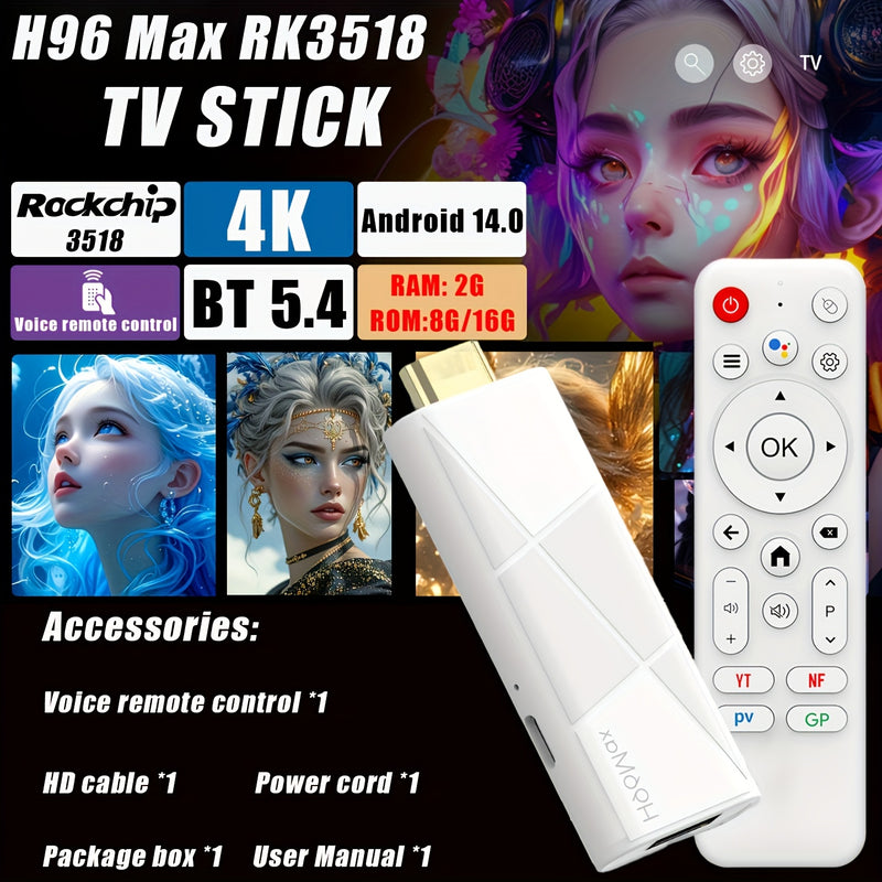 Huawei H96 Max RK3518 Smart TV Stick - Android 14.0, Conexión Inalámbrica, Reproductor Multimedia Ultra HD con Soporte para 4K@60fps, WiFi6 y BT5.4, Control por Voz, Puerto USB 2.0, Alimentación por USB, Dispositivo de Entretenimiento en Casa | Diseño Co