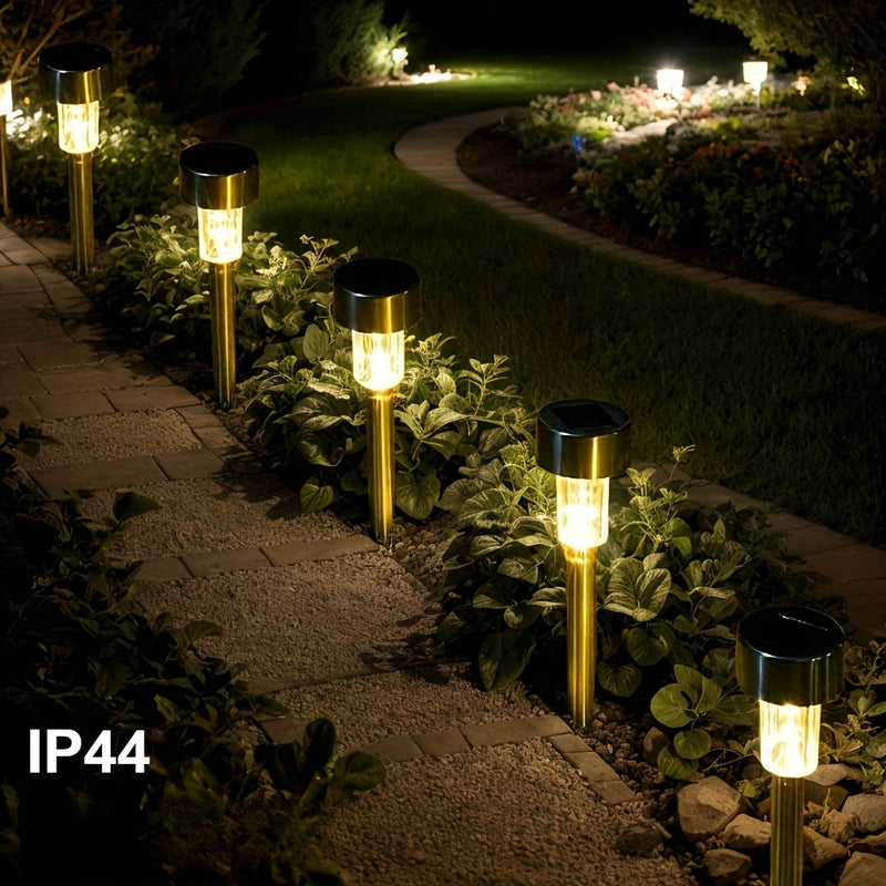 Conjunto de 12 Luces Solares LED para Caminos de Acero Inoxidable - Decoración Exterior para Jardín y Césped, Impermeable, Brillo Amarillo Cálido, Diseño Metálico Elegante para Iluminación Paisajística, Luces Solares Exteriores