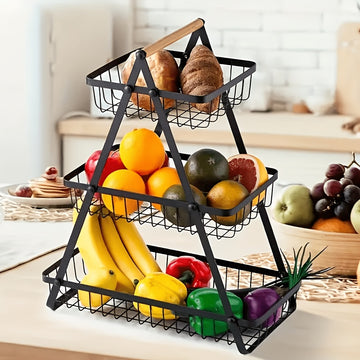 Cesta de frutas de hierro de 3 niveles moderna - Organizador de cocina negro elegante con mango de madera, perfecto para exhibir frutas, verduras y panes, solución de almacenamiento de cocina | Elegante cocina | Cocina duradera