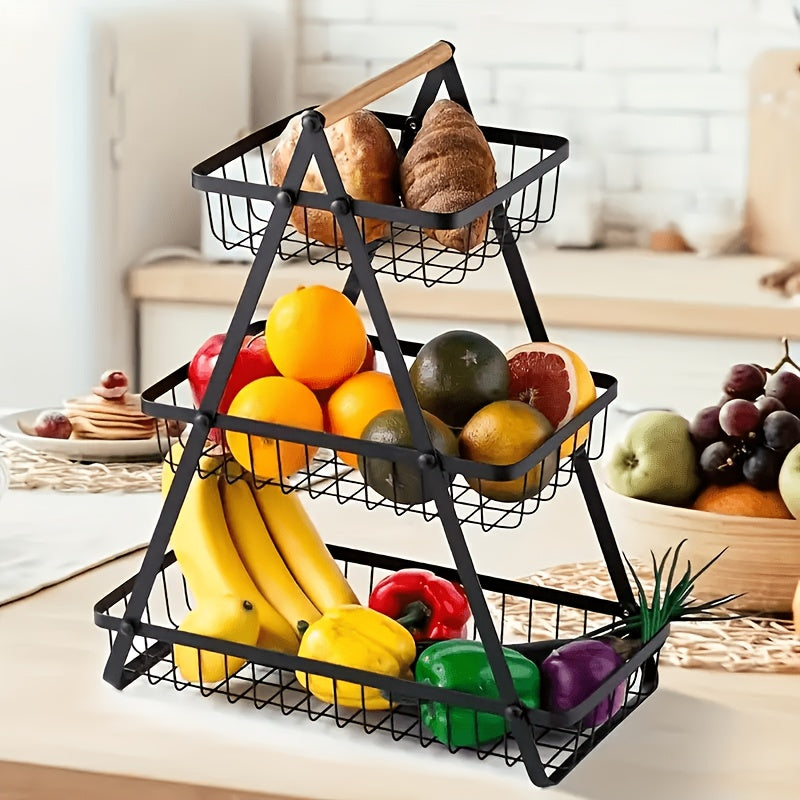 Cesta de frutas de hierro de 3 niveles moderna - Organizador de cocina negro elegante con mango de madera, perfecto para exhibir frutas, verduras y panes, solución de almacenamiento de cocina | Elegante cocina | Cocina duradera